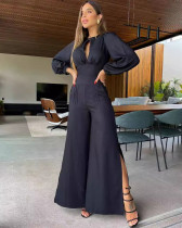 Autumn Winter Solid Color Long Sleeve Women's Sexy Backless Wide Leg Jumpsuit