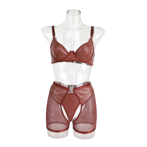 Sexy lingerie leather three piece set