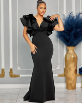 Solid color short sleeve V-neck long evening dress