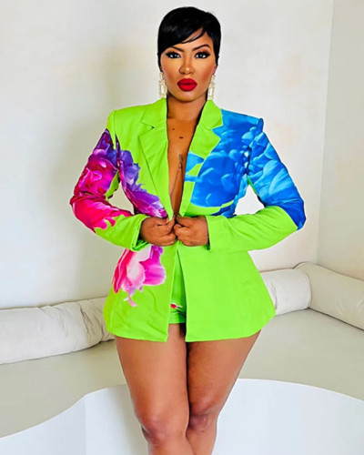 Printed long sleeve autumn blazer shorts suit