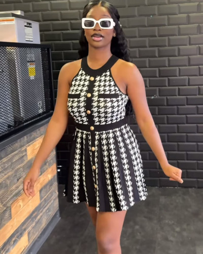 Women's Casual Dress Fashion Houndstooth Halter Neck A-Line Dress
