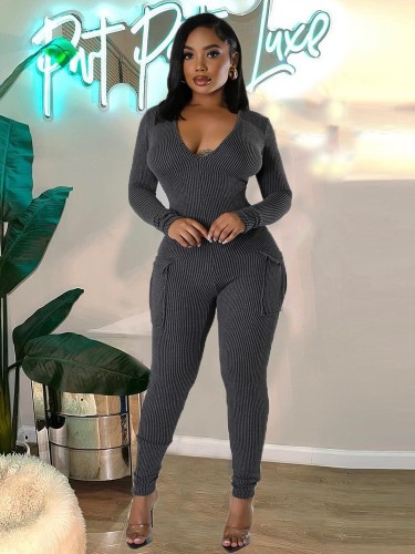 V-neck long sleeve sexy stretch autumn jumpsuit