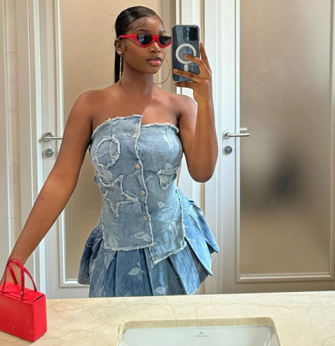 Women's Sexy Denim Skirt Set Tube Top Pleated Skirt