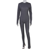 Sexy zipper one-sleeve stretch denim jumpsuit