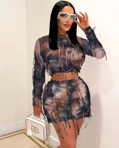 Women's autumn cropped tie-dye top shorts set