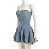 Elastic women's zippered sexy strapless lace-up short denim dress