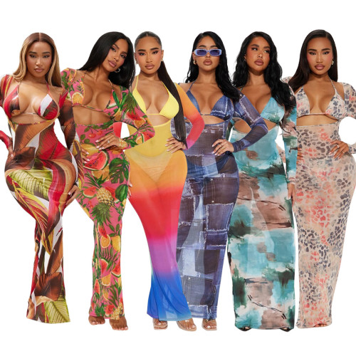 Sexy women's printed three-piece underwear briefs long-sleeved bodycon dress set