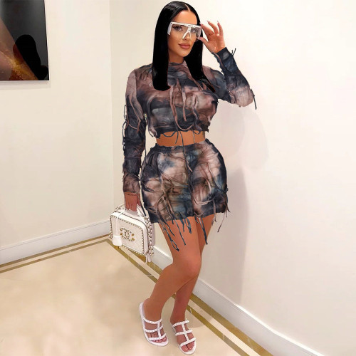 Women's autumn cropped tie-dye top shorts set