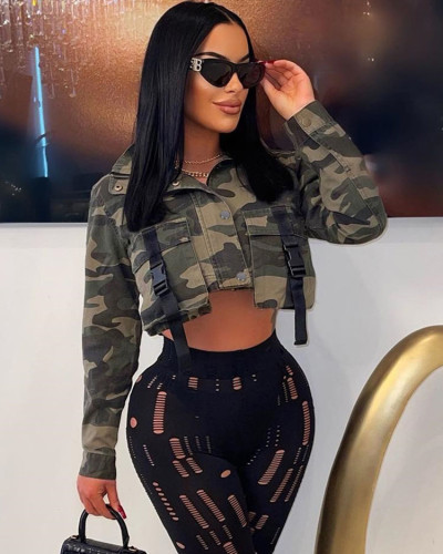 Fall Cropped Pocket Turtleneck Camouflage Jacket