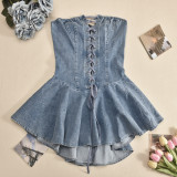 Elastic women's zippered sexy strapless lace-up short denim dress