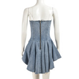Elastic women's zippered sexy strapless lace-up short denim dress