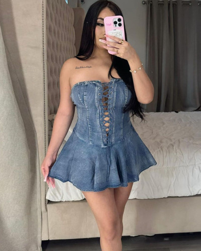 Elastic women's zippered sexy strapless lace-up short denim dress