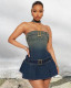 Halter Neck Zipper Waist Gradient Sexy Denim Dress