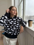 Autumn and winter round neck alpaca print women's loose casual round neck pullover sweater 