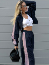 Autumn contrast color casual jacket and trousers set