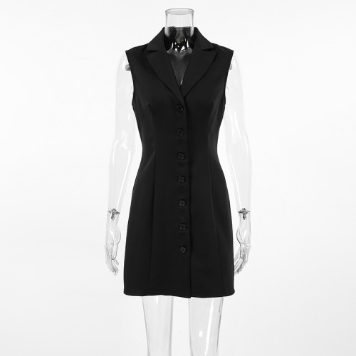 Autumn black sleeveless short blazer dress