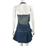 Halter Neck Zipper Waist Gradient Sexy Denim Dress