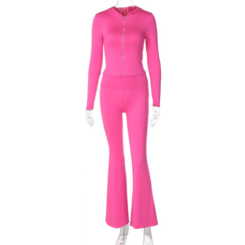 Autumn and winter solid color zipper long sleeve hooded top flared trousers set