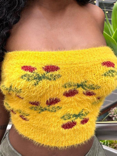 Autumn and Winter Knitted Plush Flower Bandeau Top Sexy Slim Fit Sweater Vest