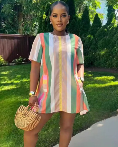 Summer stripe print short sleeve dress with pockets