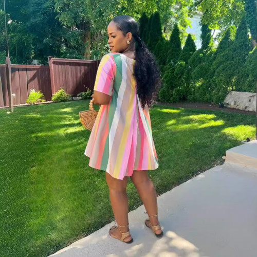 Summer stripe print short sleeve dress with pockets