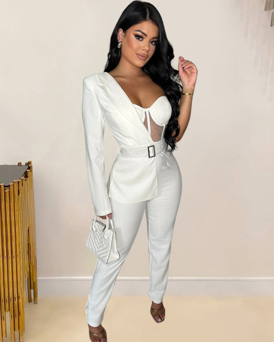 Autumn solid color one shoulder long sleeve jumpsuit trousers