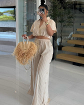 Striped short-sleeved shirt high-waist drawstring wide-leg pants two-piece set