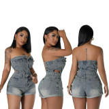 Casual Women's Slim Fit Strapless Women Denim Rompers Jumpsuit