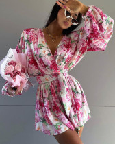 Autumn Print V-Neck Tie-Waist Long Sleeve Women Rompers Jumpsuit