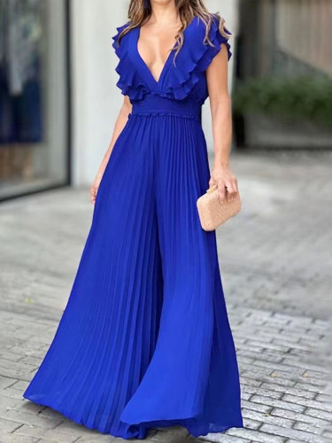 Sexy solid color V-neck ruffled pleated jumpsuit