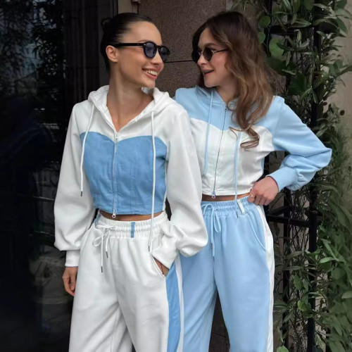 Women's contrast color crop hoody sweatpants two piece sports suit