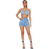 Sexy Cropped Backless Shorts Denim Set