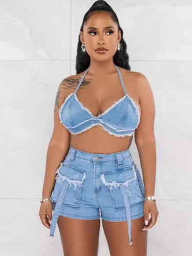 Sexy Cropped Backless Shorts Denim Set