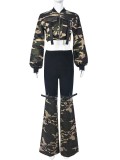 Camouflage denim long-sleeved crop top elastic trousers set