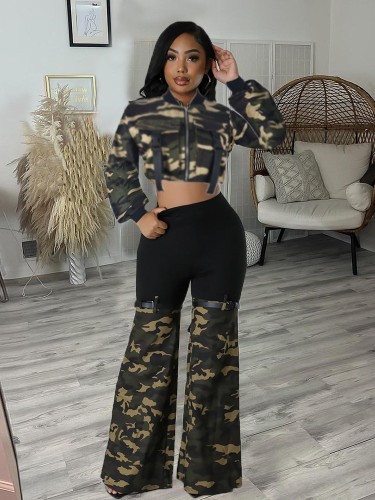Camouflage denim long-sleeved crop top elastic trousers set
