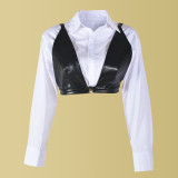 Long-sleeved PU crop short blouse