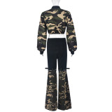 Camouflage denim long-sleeved crop top elastic trousers set