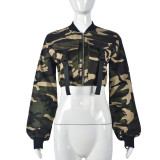 Camouflage denim long-sleeved crop top elastic trousers set