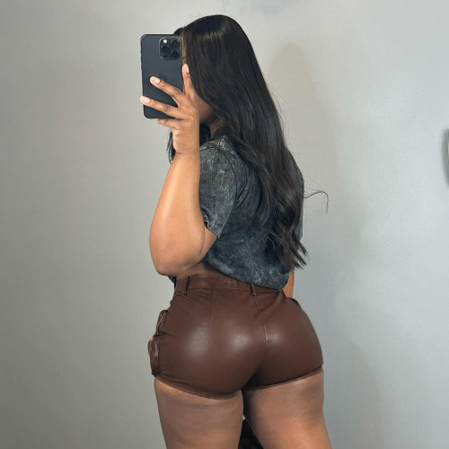 Women's autumn winter high waist PU leather tight sexy hot leather shorts
