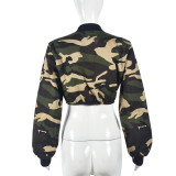 Camouflage denim long-sleeved crop top elastic trousers set