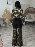 Camouflage denim long-sleeved crop top elastic trousers set