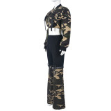 Camouflage denim long-sleeved crop top elastic trousers set