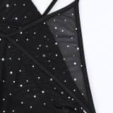 Sexy black diamond sparkling crystal feather mesh two-piece lingerie set