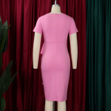 Plus Size Women's Short Sleeve Solid Color Ruffle High Waist African Dress