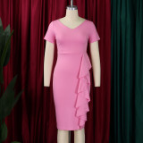 Plus Size Women's Short Sleeve Solid Color Ruffle High Waist African Dress