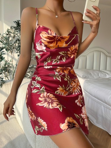 Sexy Floral Pajama Print Straps Backless Nightgown