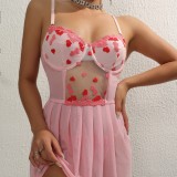 Embroidered Love Mesh Backless See-through Low-cut Wired Sexy Two-piece Lingerie Set
