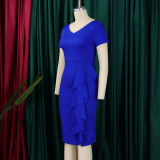 Plus Size Women's Short Sleeve Solid Color Ruffle High Waist African Dress