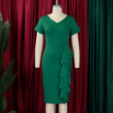 Plus Size Women's Short Sleeve Solid Color Ruffle High Waist African Dress