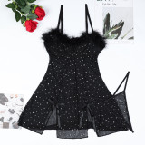 Sexy black diamond sparkling crystal feather mesh two-piece lingerie set
